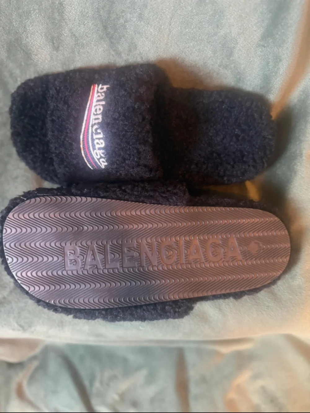 Balenciaga Black Shearling Logo Slide Slippers